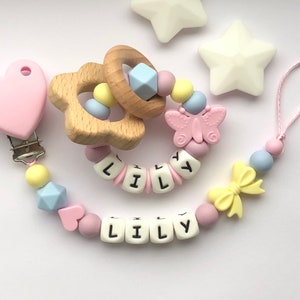 Personalised dummy clip, Silicone dummy clip, Dummy clip, Baby pacifier clip, Pacifier holder, Baby shower gift, Heart clip, Unicorn imagem 1