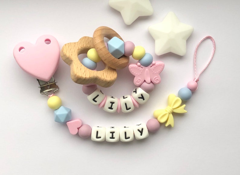 Personalised dummy clip, Silicone dummy clip, Dummy clip, Baby pacifier clip, Pacifier holder, Baby shower gift, Heart clip, Unicorn imagem 1