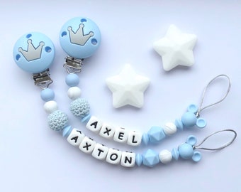 Personalised dummy clip, Silicone dummy clip, Dummy clip, Baby boy pacifier clip, Pacifier holder, Baby shower gift, Crown clip, Light blue