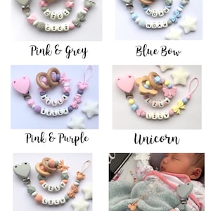 Personalisierte Schnullerkette, Silikon Schnullerkette, Schnullerkette, Baby Schnullerkette, Schnullerkette, Baby-Dusche-Geschenk, Herzklammer, Rosa & Grau Bild 2