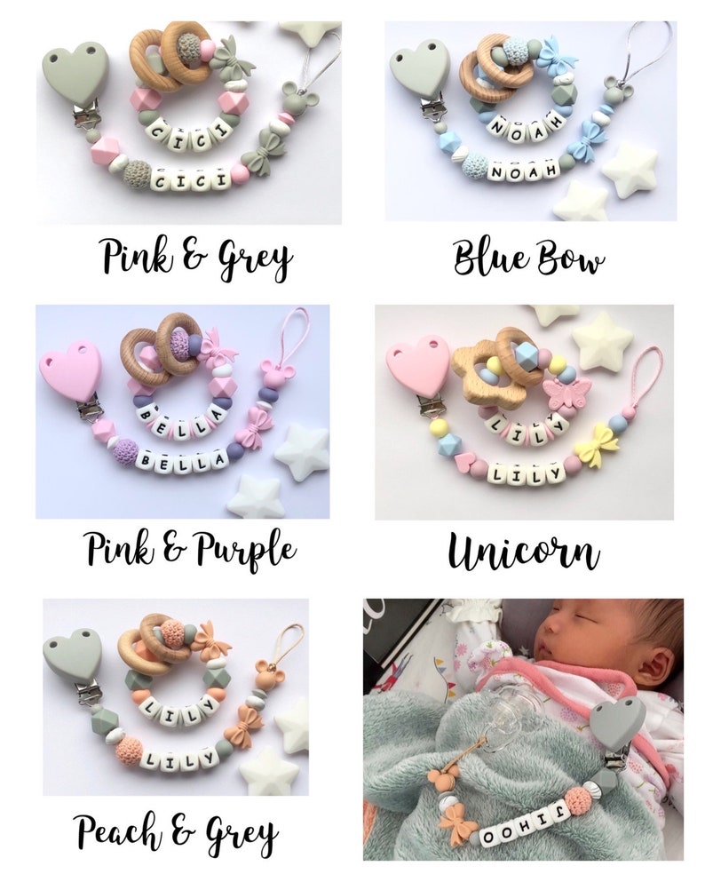 Personalisierte Schnullerkette, Silikon Schnullerkette, Schnullerkette, Baby Schnullerkette, Schnullerkette, Baby-Dusche-Geschenk, Herzklammer, Rosa & Grau Bild 2