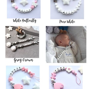 Personalisierte Schnullerkette, Silikon Schnullerkette, Schnullerkette, Baby Schnullerkette, Schnullerkette, Baby-Dusche-Geschenk, Herzklammer, Rosa & Grau Bild 4