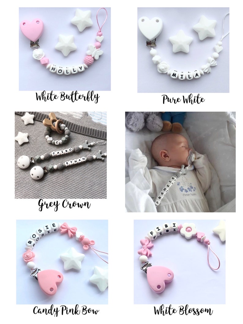 Personalisierte Schnullerkette, Silikon Schnullerkette, Schnullerkette, Baby Schnullerkette, Schnullerkette, Baby-Dusche-Geschenk, Herzklammer, Rosa & Grau Bild 4