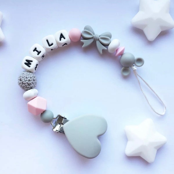 Clip ficticio personalizado, clip ficticio de silicona, clip ficticio, clip para chupete de bebé, soporte para chupete, regalo de baby shower, clip para corazón, rosa y gris