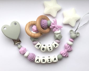 Personalised dummy clip, Silicone dummy clip, Dummy clip, Baby pacifier clip, Pacifier holder, Baby shower gift, Heart clip, Pink & Grey