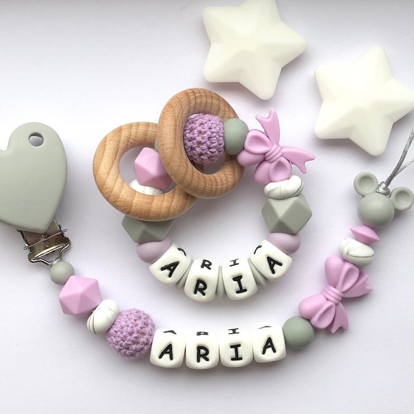 Personalised dummy clip, Silicone dummy clip, Dummy clip, Baby pacifier clip, Pacifier holder, Baby shower gift, Heart clip, Pink & Grey