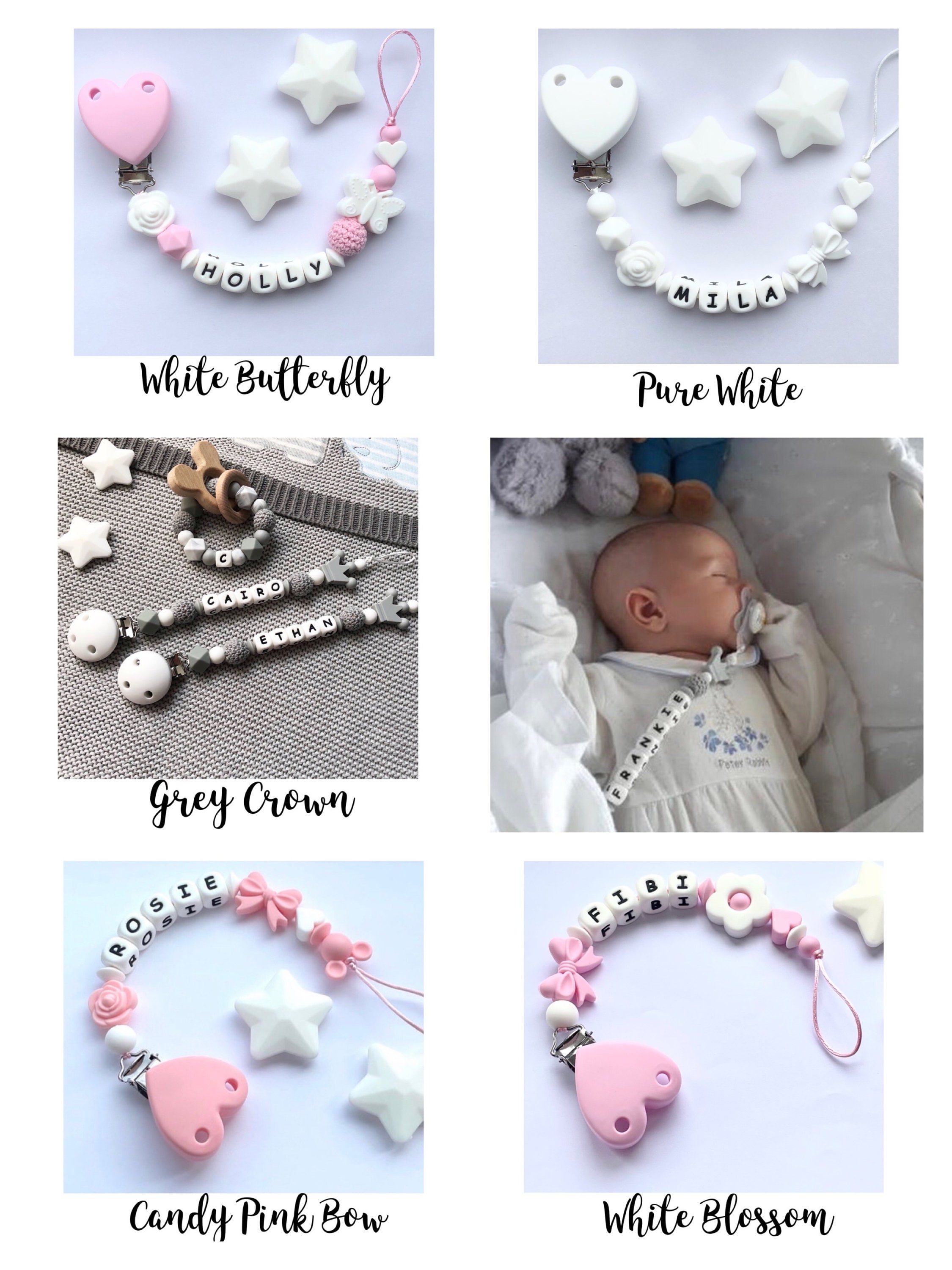 Personalised dummy clip, Silicone dummy clip, Dummy clip, Baby pacifier clip, Pacifier holder, Baby shower gift, White