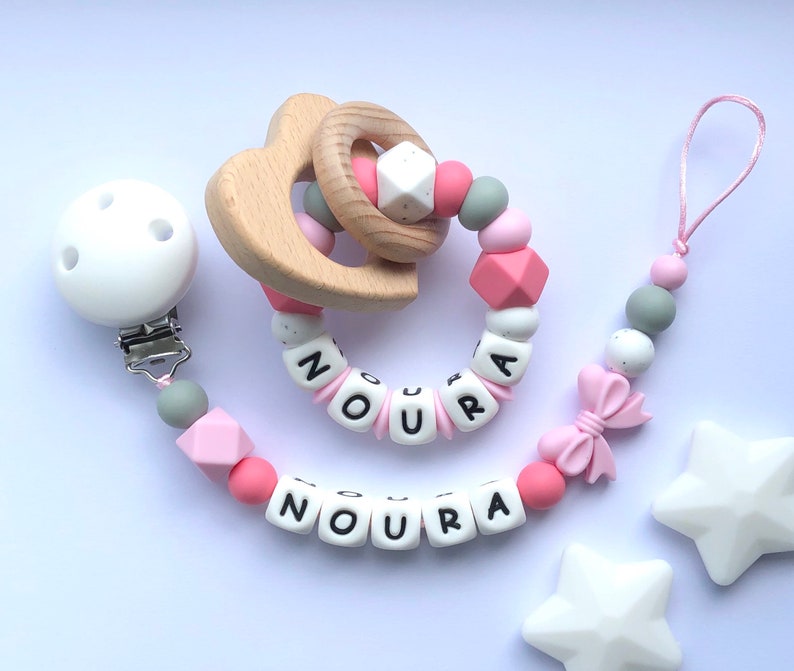 Personalised dummy clip, Silicone dummy clip, Dummy clip, Baby pacifier clip, Pacifier holder, Baby shower gift, Crown clip, Light pink zdjęcie 2