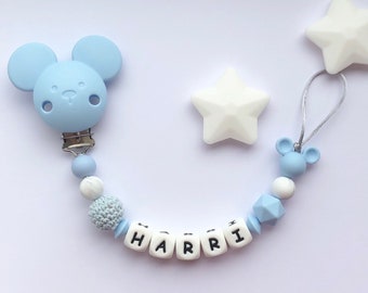 Personalised dummy clip, Silicone dummy clip, Dummy clip, Baby boy pacifier clip, Pacifier holder, Baby shower gift, Crown clip, Grey, Blue