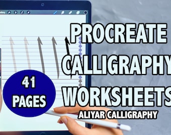 May include: A digital tablet screen displaying a Procreate calligraphy worksheet with 41 pages. The screen shows a lined page with arrows and the text "41 PAGES" in a blue circle.