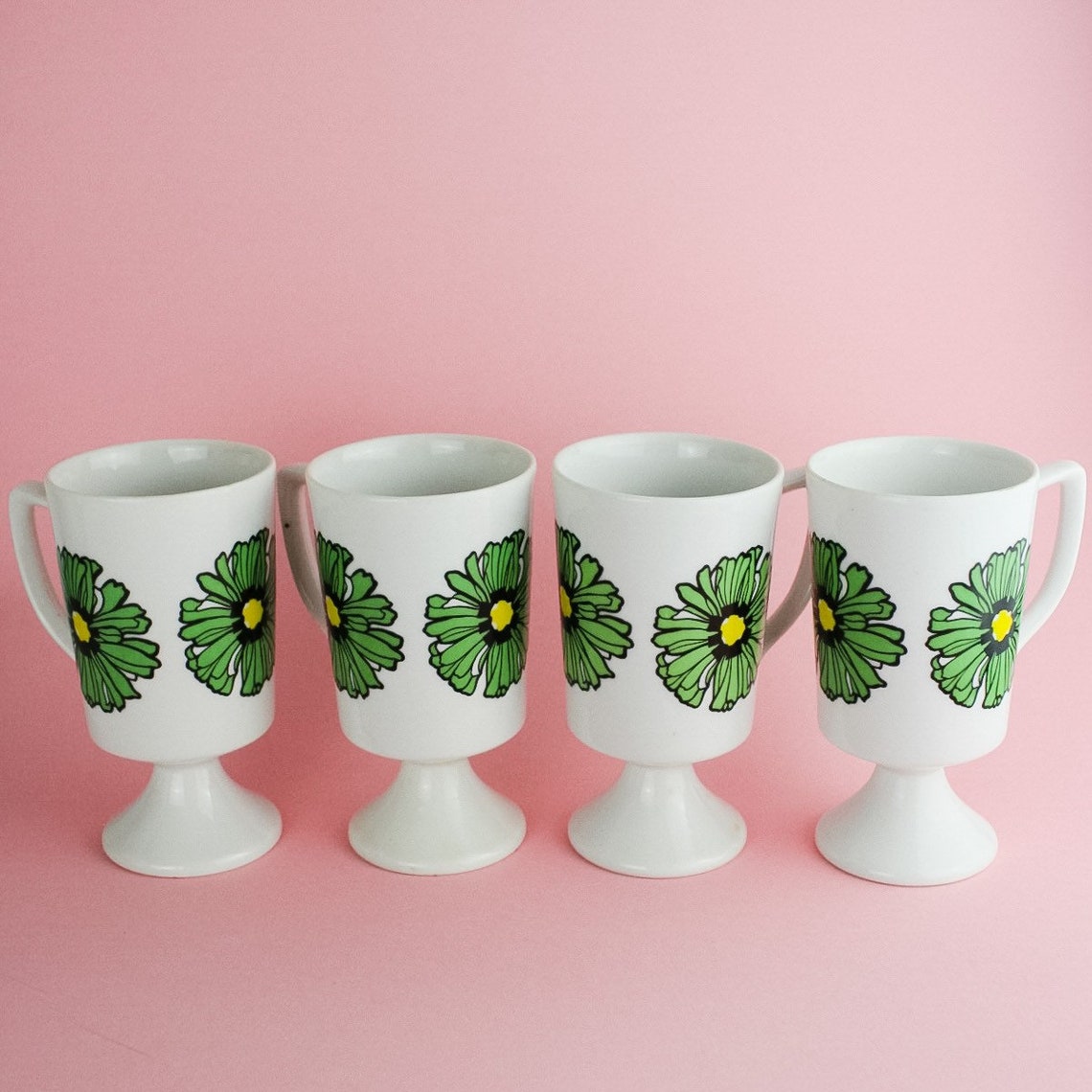 Vintage Green Flower Coffee Mugs with Pedestal Set of 4 Green Etsy