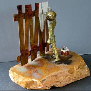 BIJAN Sculpture, Mid Century Bronze Copper Boy Painting Fence Signed on Raw Onyx Stone