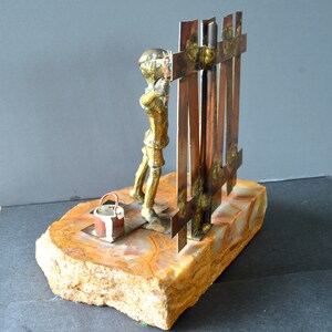 BIJAN Sculpture, Mid Century Bronze Copper Boy Painting Fence Signed on Raw Onyx Stone