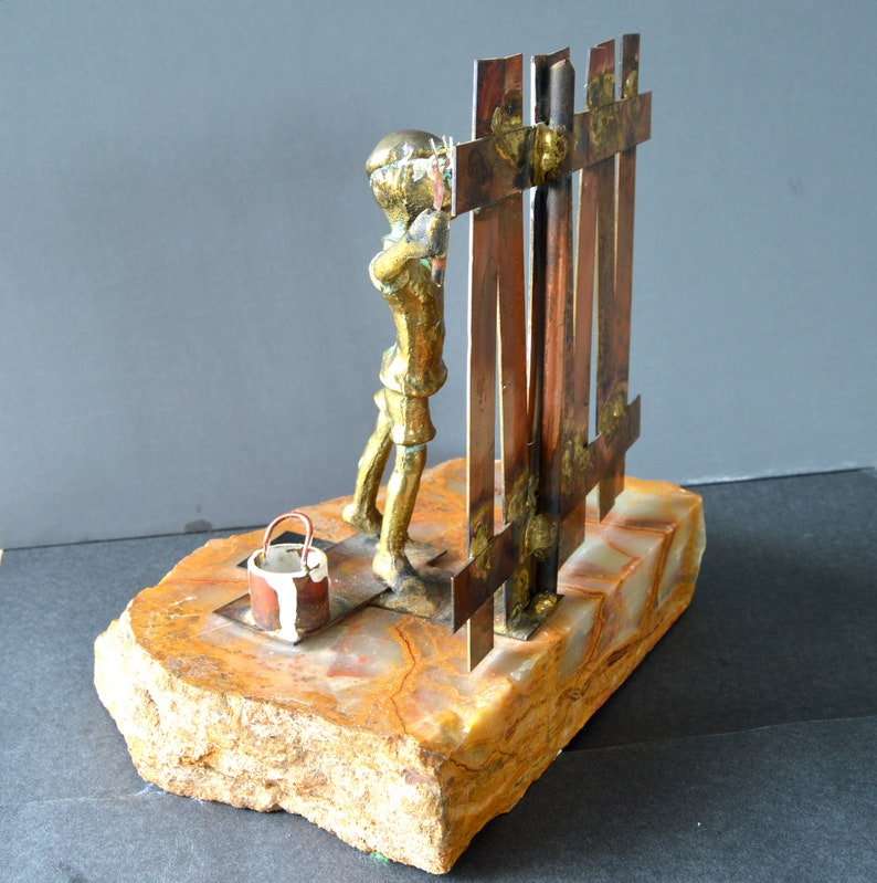 BIJAN Sculpture, Mid Century Bronze Copper Boy Painting Fence Signed on Raw Onyx Stone