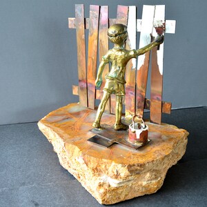 BIJAN Sculpture, Mid Century Bronze Copper Boy Painting Fence Signed on Raw Onyx Stone