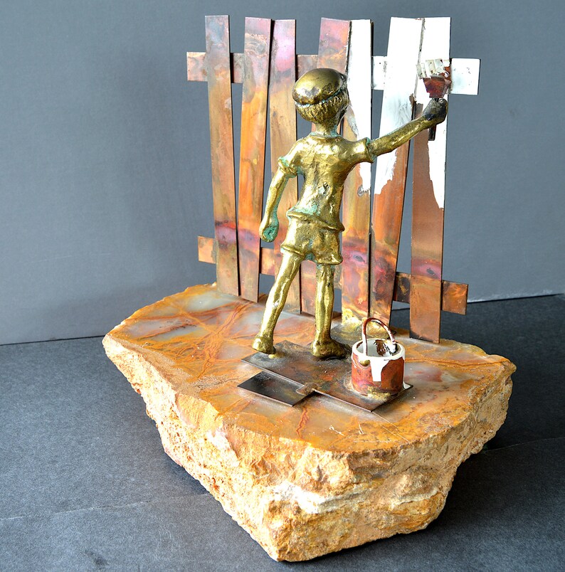 BIJAN Sculpture, Mid Century Bronze Copper Boy Painting Fence Signed on Raw Onyx Stone