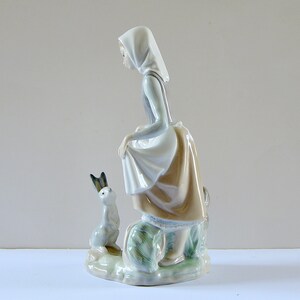 May include: A porcelain figurine of a girl in a blue and white dress and a white bonnet, holding a small white rabbit. The figurine is standing on a base with green and brown foliage.