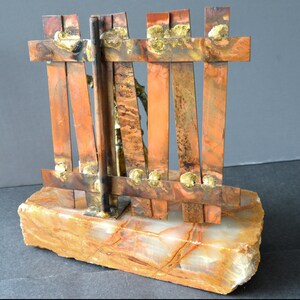 BIJAN Sculpture, Mid Century Bronze Copper Boy Painting Fence Signed on Raw Onyx Stone