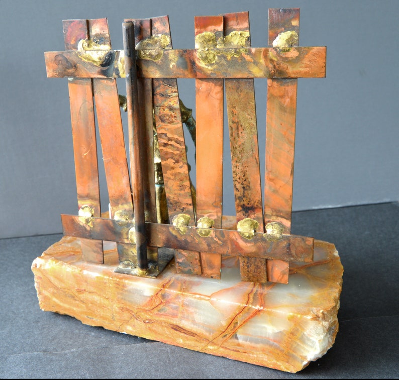 BIJAN Sculpture, Mid Century Bronze Copper Boy Painting Fence Signed on Raw Onyx Stone