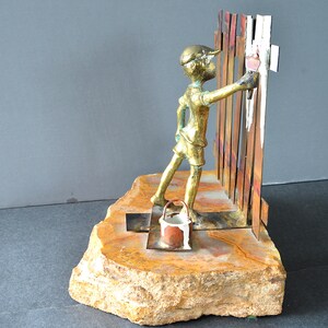 BIJAN Sculpture, Mid Century Bronze Copper Boy Painting Fence Signed on Raw Onyx Stone