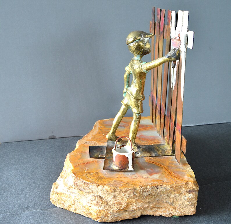 BIJAN Sculpture, Mid Century Bronze Copper Boy Painting Fence Signed on Raw Onyx Stone