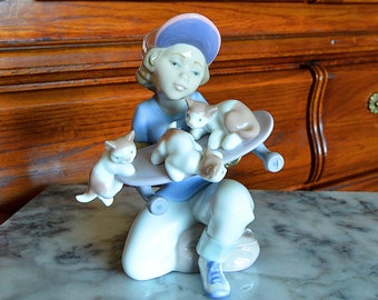 Retired LLADRO PORCELAIN figurine Little Riders Boy Cat Kitten Skateboard, Lladro 7623 NIB 1994 Figurine Valentine Gift for Her