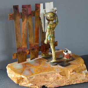 BIJAN Sculpture, Mid Century Bronze Copper Boy Painting Fence Signed on Raw Onyx Stone