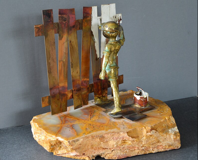 BIJAN Sculpture, Mid Century Bronze Copper Boy Painting Fence Signed on Raw Onyx Stone