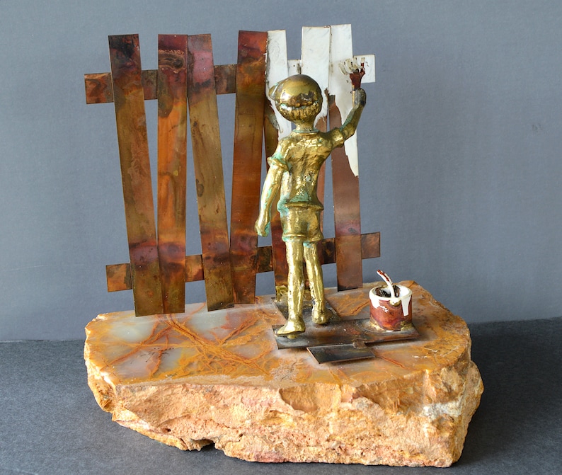 BIJAN Sculpture, Mid Century Bronze Copper Boy Painting Fence Signed on Raw Onyx Stone