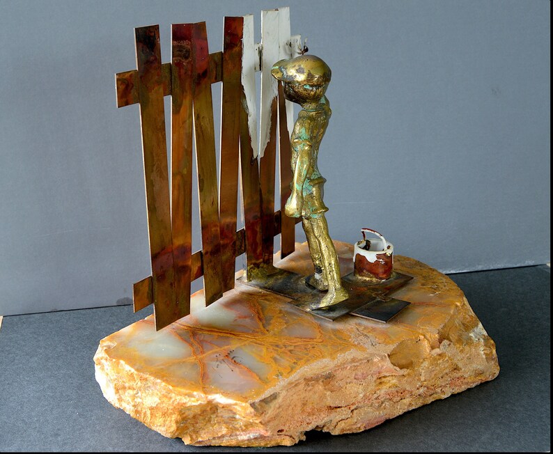 BIJAN Sculpture, Mid Century Bronze Copper Boy Painting Fence Signed on Raw Onyx Stone