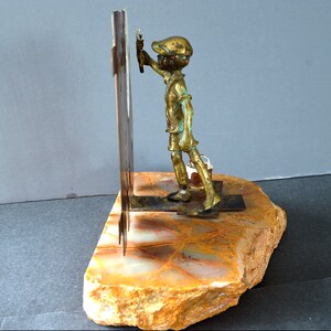 BIJAN Sculpture, Mid Century Bronze Copper Boy Painting Fence Signed on Raw Onyx Stone