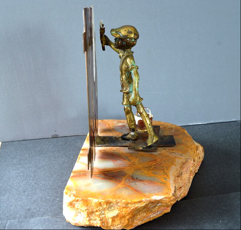 BIJAN Sculpture, Mid Century Bronze Copper Boy Painting Fence Signed on Raw Onyx Stone