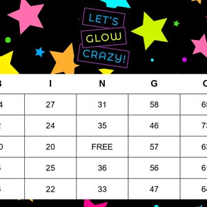 Glow In The Dark Theme Bingo Cards - Set of 20; Let's Glow Crazy!!