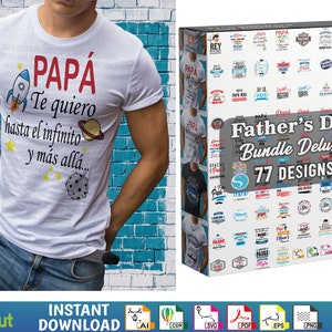 Puede incluir: Una camiseta blanca con un cohete y el texto "PAPA Te quiero hasta el infinito y mas alla..."  Una caja de 77 diseños para el Día del Padre.