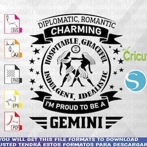 Puede incluir: Diseño gráfico en blanco y negro con el signo zodiacal Géminis con el texto "Diplomático, Romántico, Encantador, Hospitalario, Gracioso, Indulgente, Idealista, Estoy orgulloso de ser un Géminis".