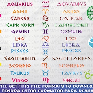 Zodiac Sign Word greek font and symbols Zodiac Bundle Svg - Astrology Sign Svg - Horoscope Svg - Instant Download - Commercial Use png, pdf