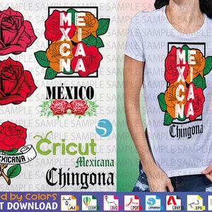 Puede incluir: Un diseño digital con un diseño floral rojo, naranja y verde con el texto "Mexicana Chingona" en negro. El diseño está en capas e incluye una rosa, una rosa con una pancarta y un arreglo floral con el texto "Mexicana".
