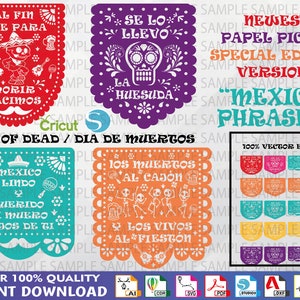 Papel Picado #1 - Special Edition - Day of the Dead - Mexican Phrases - Ready for cut or Print - Viva México- 8 file formats SVG, Studio, etc