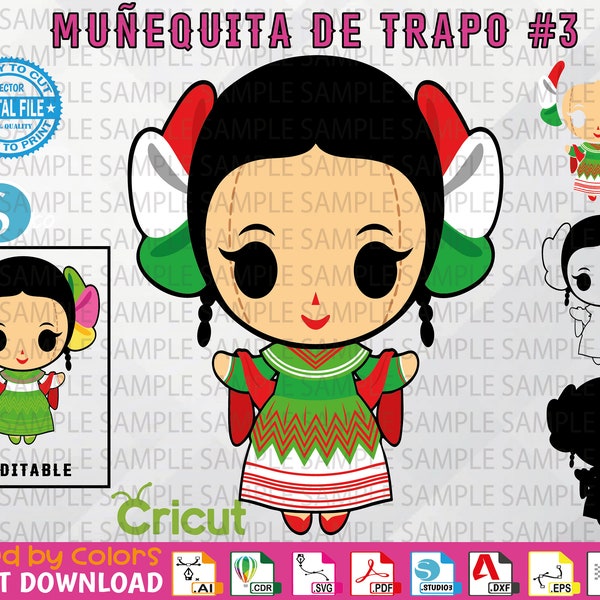 Muñequita de Trapo #3 - Mexican Doll #3 - Muñequita de trapo Vector -  Layered & Welded by colors -High Quality - Rag Doll- Instant Download