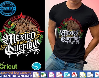 Könnte beinhalten: Ein schwarzes T-Shirt mit einem bunten Grafikdesign, das einen stilisierten Adler, eine Schlange und den Text "Mexico lindo y querido" zeigt.