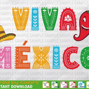 Puede incluir: Un diseño digital colorido con las palabras "Viva México" en un estilo de corte de papel en capas. El diseño incluye un sombrero, un chile con una cara sonriente y detalles florales.