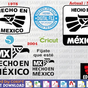 May include: A digital download of a layered vector graphic design featuring the text "Hecho en Mexico" in black and white with a stylized eagle design. The design is available in multiple file formats, including AI, CDR, SVG, PDF, Studio, DXF, EPS, PNG, and PSD.