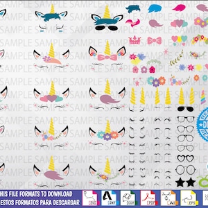 Puede incluir: Un archivo de diseño digital para crear manualidades de unicornio. El archivo incluye una variedad de caras de unicornio, cuernos, ojos, pestañas y otros accesorios. El archivo es compatible con las máquinas Cricut y otras máquinas de corte. El archivo está disponible en los formatos SVG, DXF, CDR, PDF, AI, EPS, PNG y PSD.