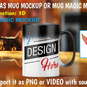 May include: A black and white colour-changing mug with the text "your DESIGN Here" on it. The mug is sitting on a wooden table with a black cat peeking out from behind it. The image also includes a .PSD file icon with a feather inside.