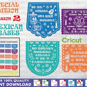Puede incluir: Un conjunto de cuatro archivos de corte digital coloridos con frases mexicanas. Las frases son "Se me antoja una bien muerta", "Como te ves, me vi, como te ves, te veras", "No estaba muerto, andaba de parranda", y "Antes muerta que sencilla".