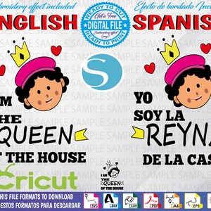 Puede incluir: Un diseño digital con una niña de dibujos animados que lleva una boina rosa y una corona, con el texto "Yo soy la reina de la casa" en negro y amarillo. El diseño también incluye el texto "Cricut" en verde. El diseño está disponible en varios formatos de archivo, incluidos SVG, DXF, CDR, PDF, AI, EPS, PNG y PSD.