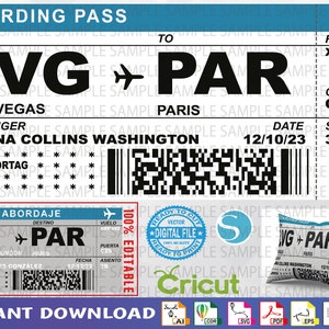 May include: A printable boarding pass template for a flight from Las Vegas (LVG) to Paris (PAR) with the flight number XRP992, gate C29, seat 3B, and date 12/10/23. The template includes a barcode and a space for the passenger's name. The template is 100% editable and ready to cut.