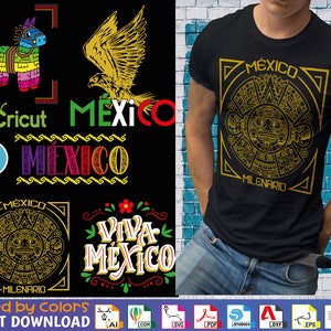 Puede incluir: Un diseño digital con una variedad de gráficos de temática mexicana, incluyendo una piñata, un águila, un texto estilizado que dice "Viva Mexico" y un diseño circular con el texto "Mexico Milenario".