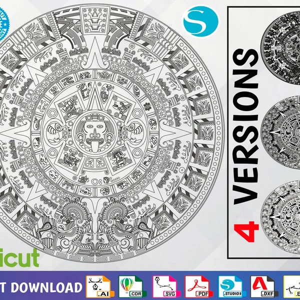 Aztec Calendar 4 version Svg, Aztec Calendar Clipart, Aztec Calendar Vector Graphic, Instant downlad - Sun Stone Aztec Calendar Vector