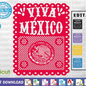 Puede incluir: Un diseño de archivo de corte digital rojo y blanco con el texto "Viva México!" con un escudo de armas mexicano estilizado. El diseño está en el estilo de un arte tradicional mexicano de corte de papel llamado "papel picado".
